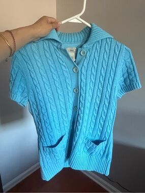 L.L. Bean Women Short-Sleeve Cable Knit Cardigan Button Up Blue Vintage Sweater